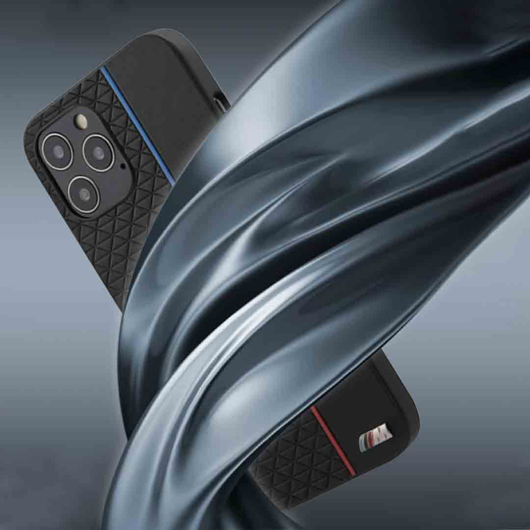 IPHONE 13/13 pro max-PU LEATHER BLACK M COLLECTION WITH SMALL TRIANGLE PATTERN AND CONSTRASTED TRICOLOR STRIPE - BMW