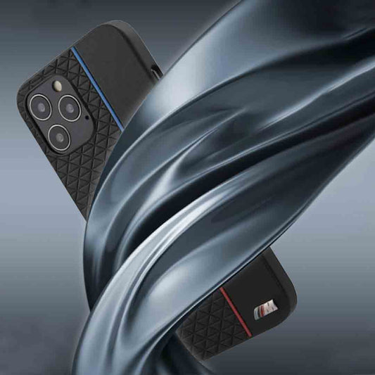IPHONE 13/13 pro max-PU LEATHER BLACK M COLLECTION WITH SMALL TRIANGLE PATTERN AND CONSTRASTED TRICOLOR STRIPE - BMW