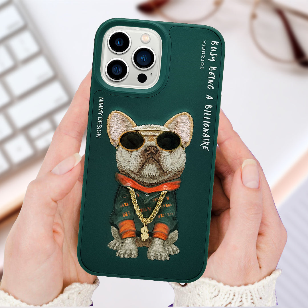 NIMMY 3D Embroidery Leather Hip-Hop Pug Case For iPhone 13/13Pro/13Pro Max