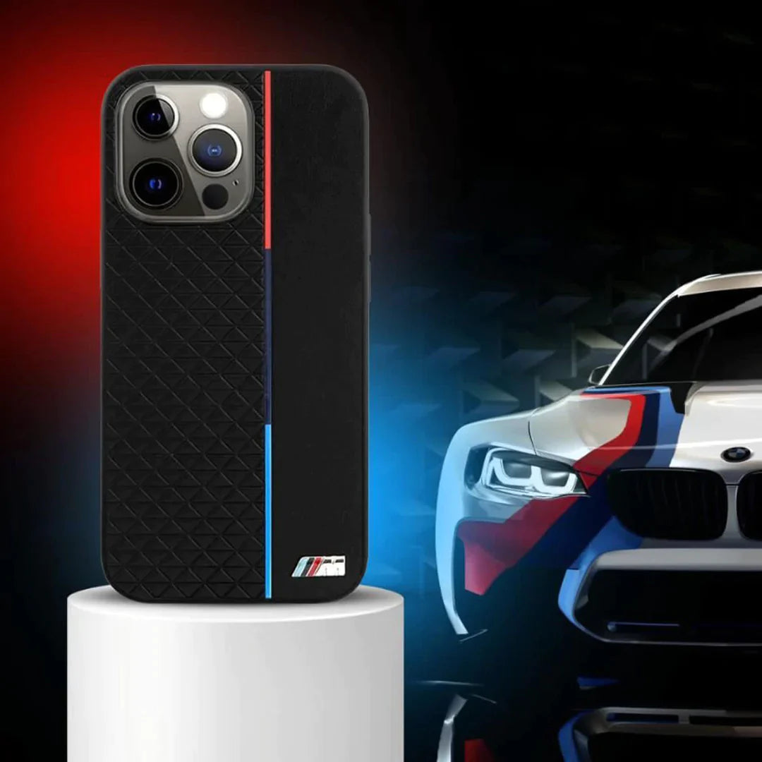 iPhone 14 Series Tricolor Stripe Metal Logo Back Case-BMW