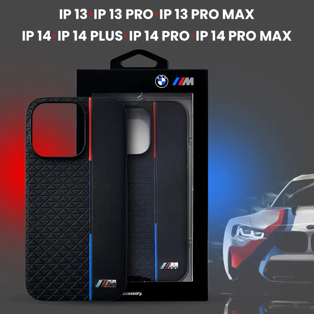 iPhone 14 Series Tricolor Stripe Metal Logo Back Case-BMW