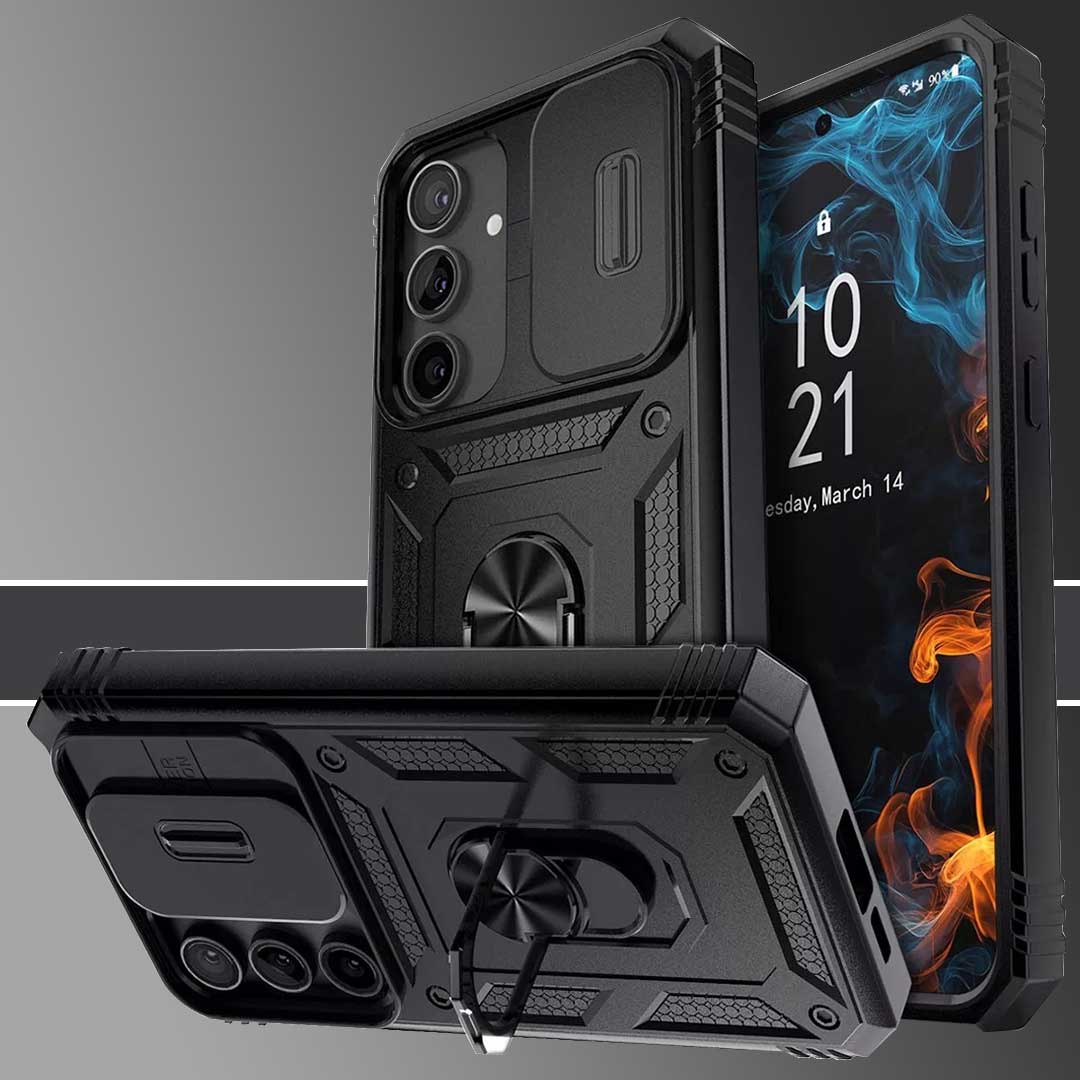 Galaxy S23 FE 5G Armor Case with Slide Camera Cover[Military Grade 16ft. Drop Tested] Magnetic Ring Kickstand Protective Phone Case