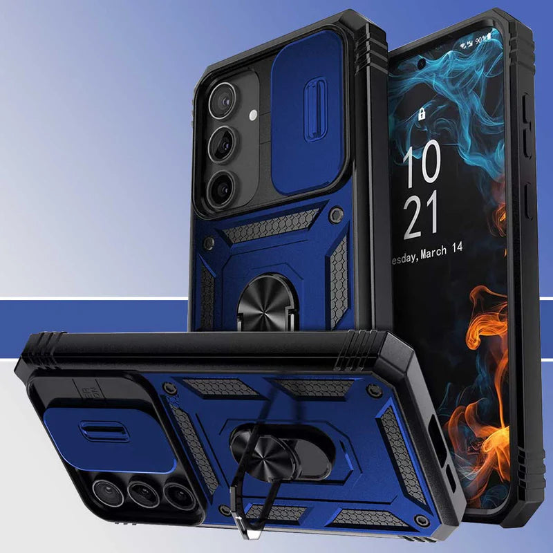 Galaxy S24 FE 5G Armor Case with Slide Camera Cover[Military Grade 16ft. Drop Tested] Magnetic Ring Kickstand Protective Phone Case