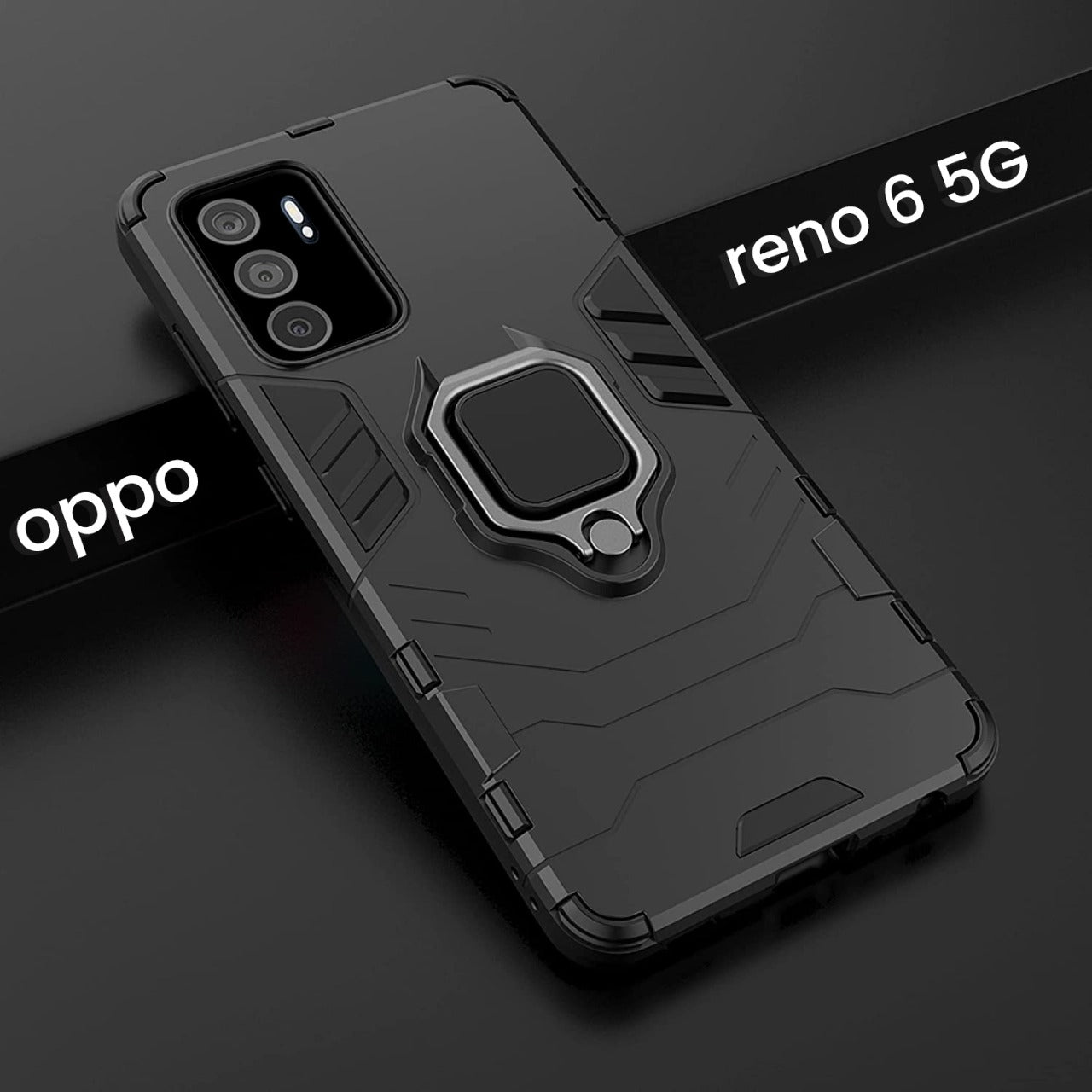 Oppo Reno 6 5G Black Panther Metal Bracket Shockproof Protective Back Case