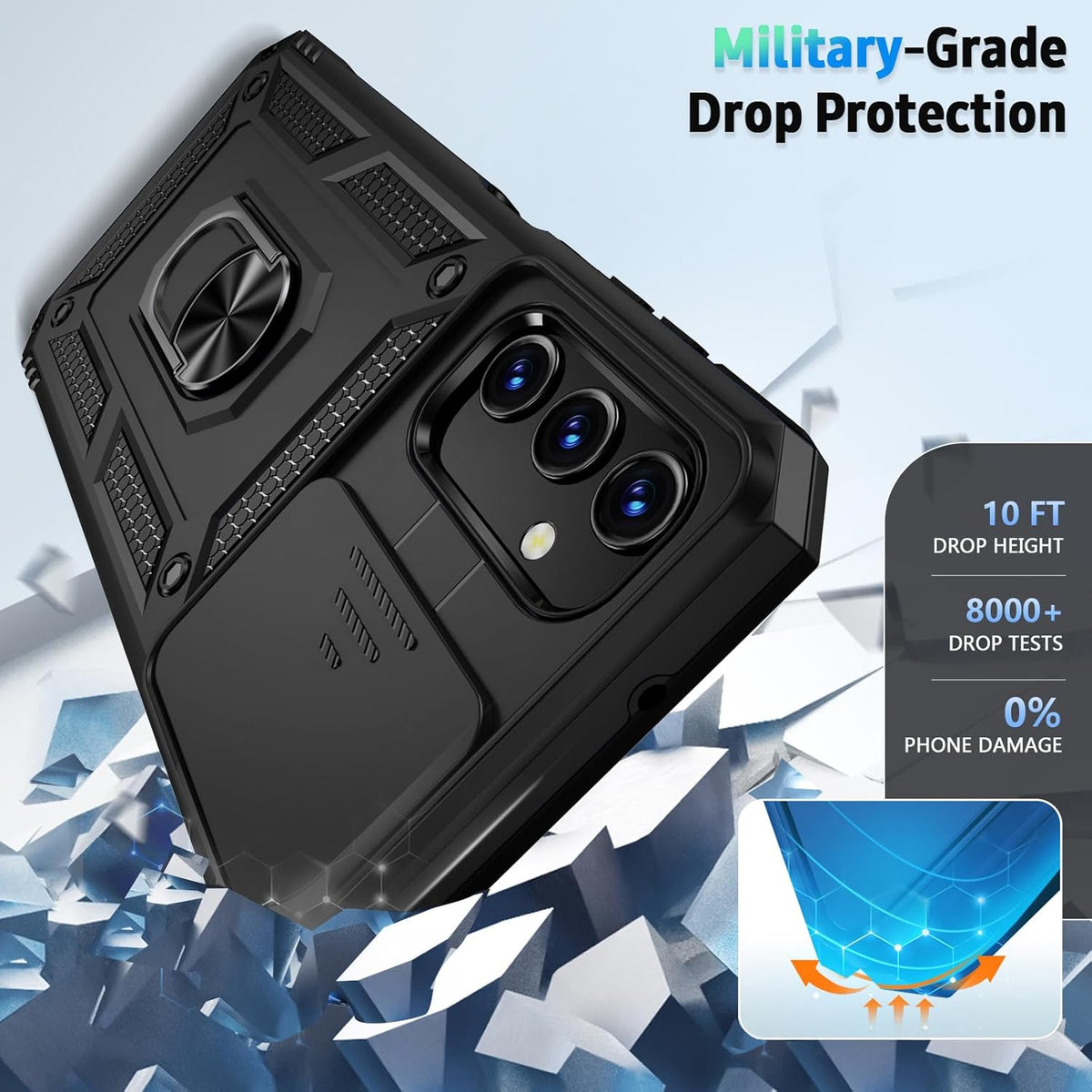 Galaxy S23 FE 5G Armor Case with Slide Camera Cover[Military Grade 16ft. Drop Tested] Magnetic Ring Kickstand Protective Phone Case