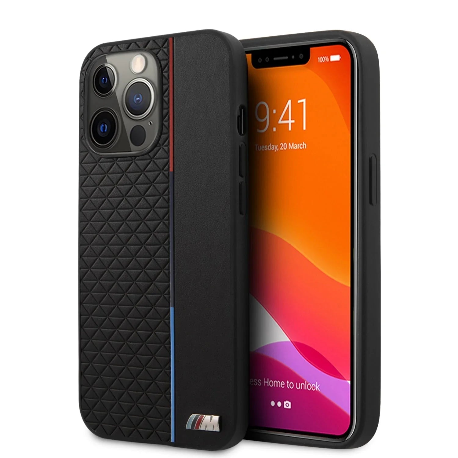 iPhone 14 Series Tricolor Stripe Metal Logo Back Case-BMW