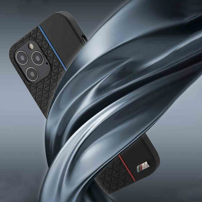 IPHONE 13/13 pro max-PU LEATHER BLACK M COLLECTION WITH SMALL TRIANGLE PATTERN AND CONSTRASTED TRICOLOR STRIPE - BMW