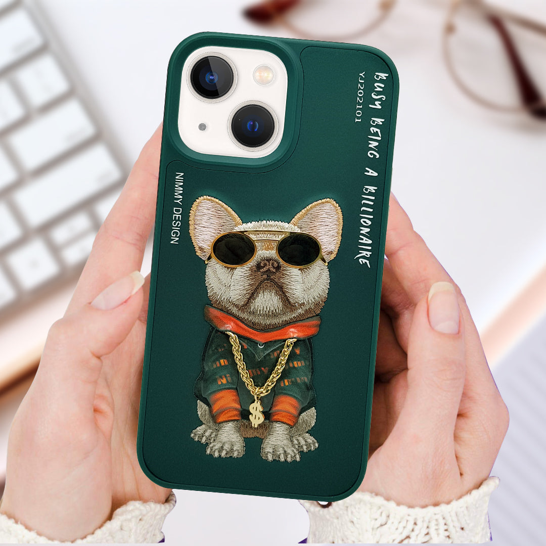 NIMMY 3D Embroidery Leather Hip-Hop Pug Case For iPhone 13/13Pro/13Pro Max